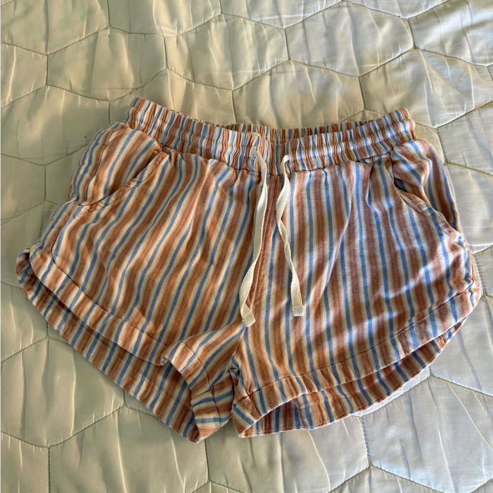 Billabong Striped Drawstring Athletic Shorts — Blue & Brown